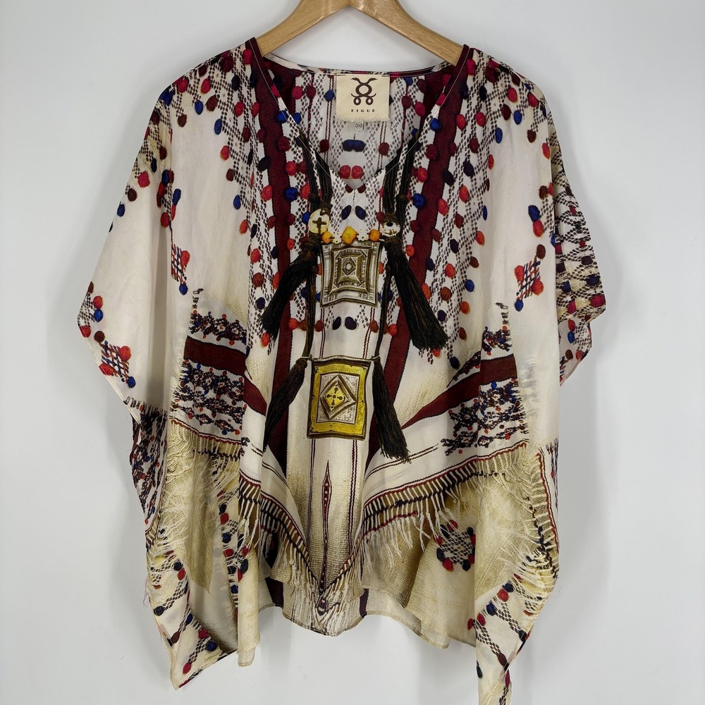 Figue Blouse Womens XS/S Multicolor Silk Tassel Boho Kaftan Print Tunic Top
